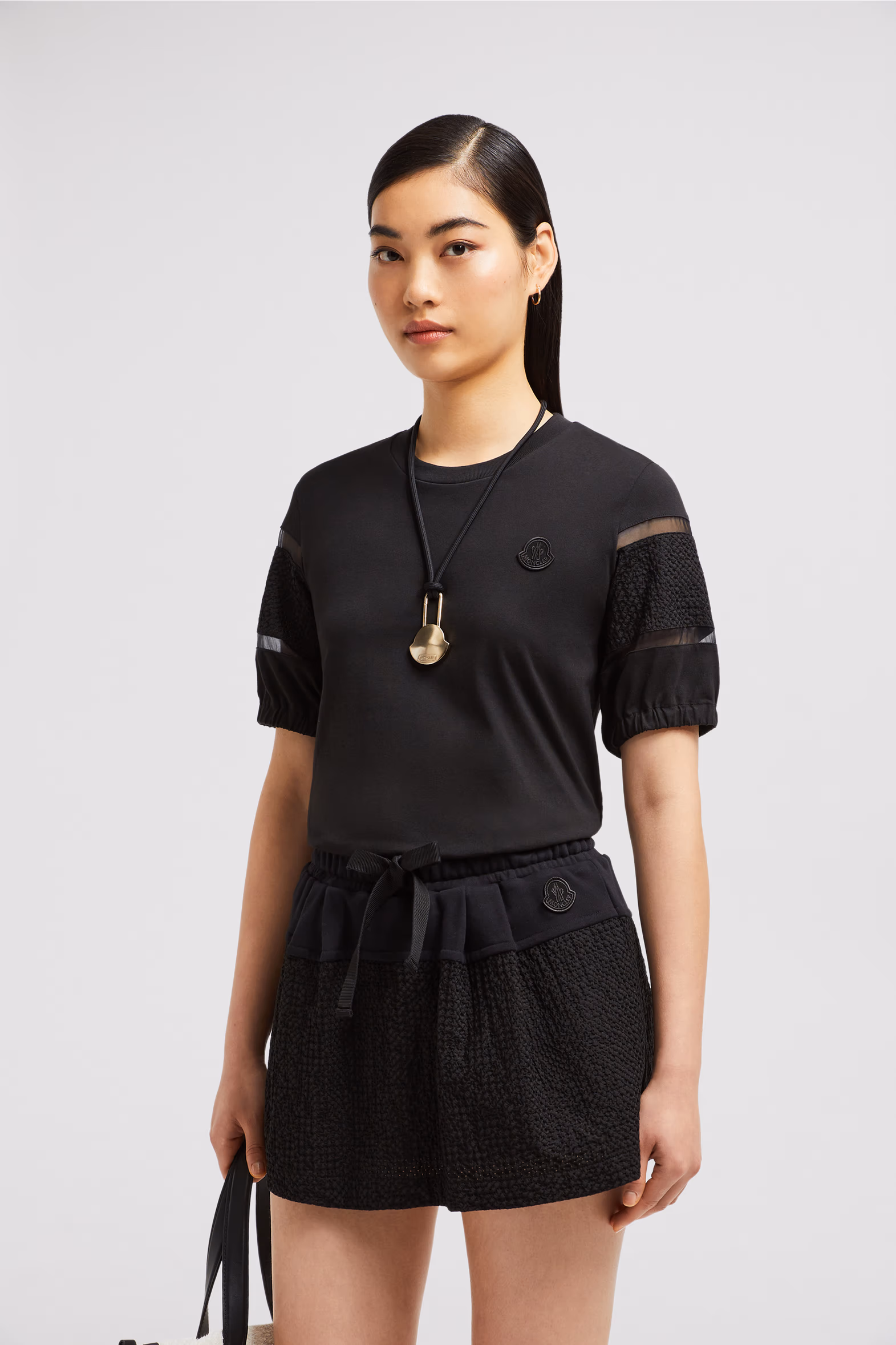 Silk Trim Cotton T-Shirt Women Black Moncler 0
